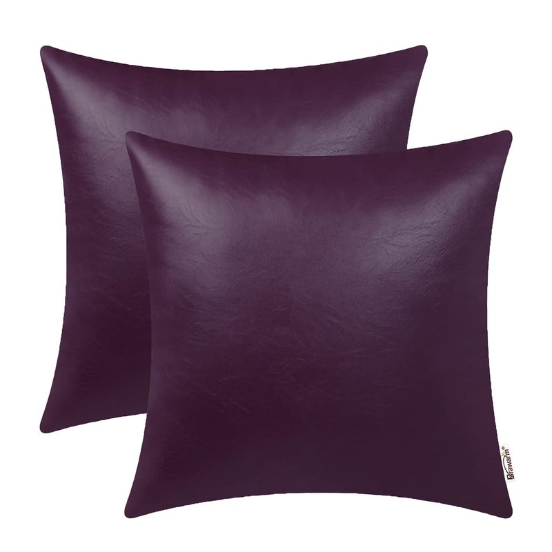 BRAWARM Faux Leather Throw Pillow Covers 20 X 20 Inches - Purple Leather Pilow Covers Pack of 2, Solid Dyed Leather Pillowcases for Couch Bed Sofa Garden Home Decorative - Image 1